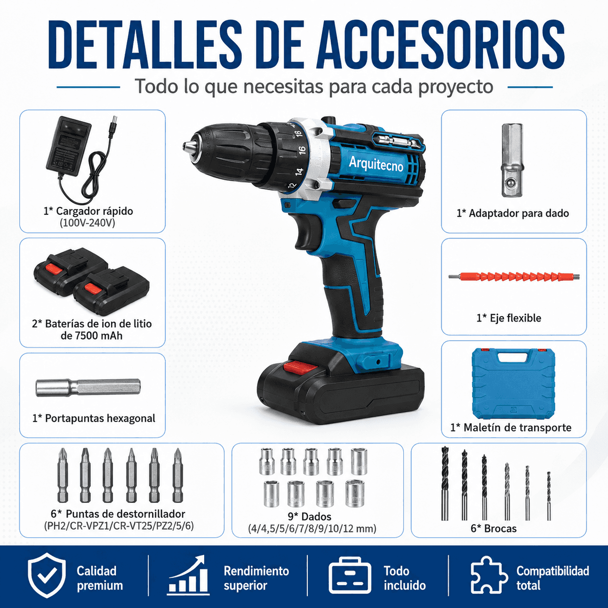Arquitecno™ Taladro Inalámbrico 2 Baterías 48V con Accesorios 3